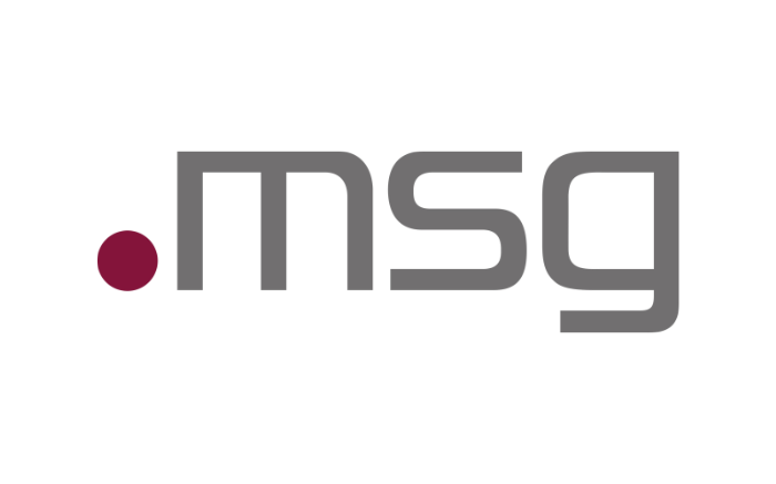 MSg-Logo mit roter Punkt links neben dem Schriftzug “msg” in grauer Typografie.