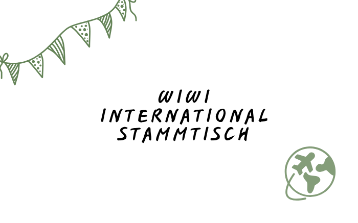 WiWi International Stammtisch Banner mit Wimpeln und Globus-Symbol.
