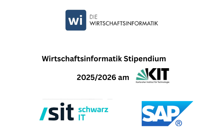 "Wirtschaftsinformatik-Stipendium 2025/2026 am KIT, Logos von KIT, SAP, Schwarz IT."
