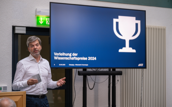Eine Person bei der Präsentation der Wissenschaftspreisverleihung 2024.
